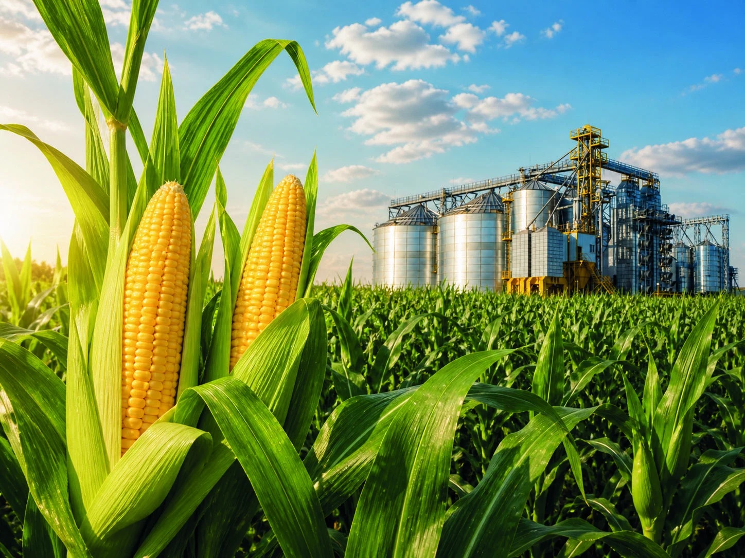 Corn field and grain silos